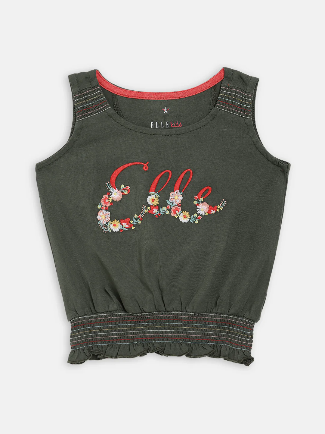 Elle Kids Girls Green Solid Round Neck TShirt - Image 2