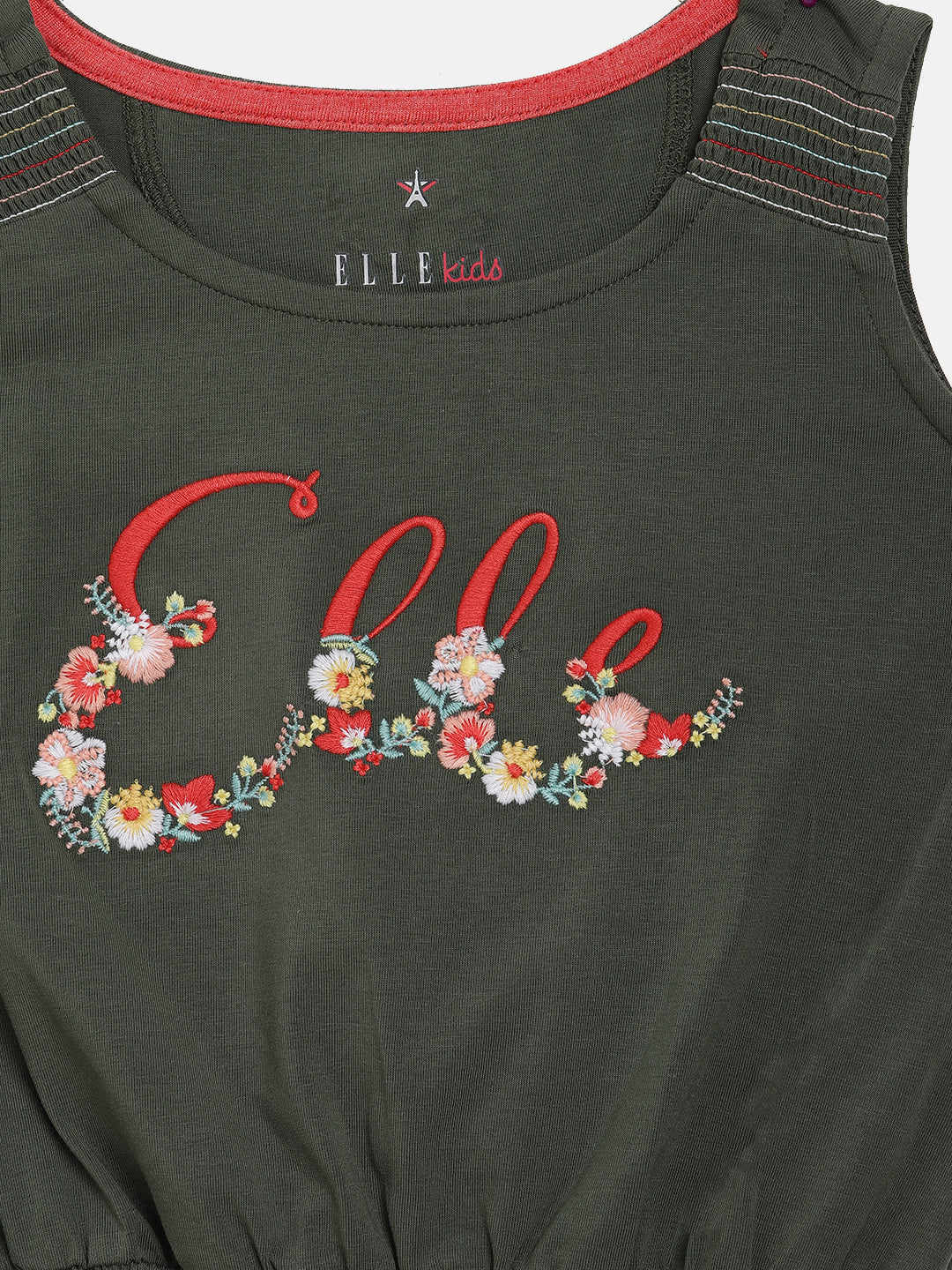 Elle Kids Girls Green Solid Round Neck TShirt - Image 4