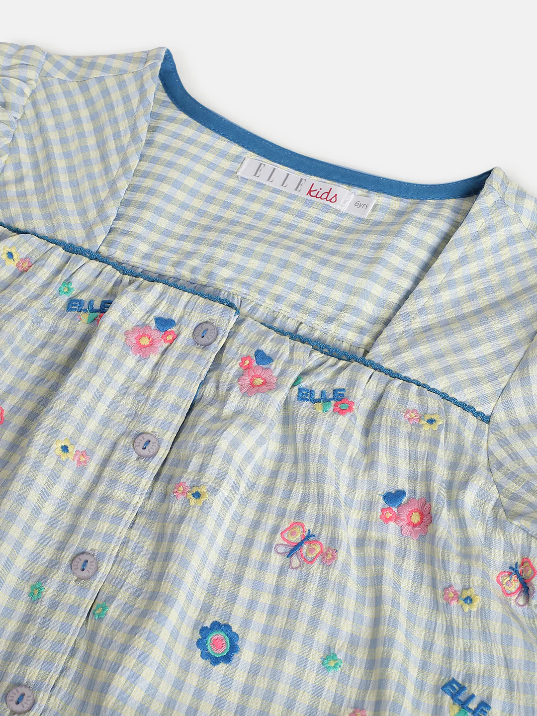 Elle Kids Girls Blue Checked Square Neck Top - Image 3