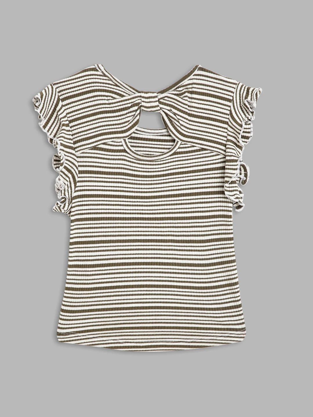 Elle Kids Girls Olive Striped Round Neck TShirt - Image 2