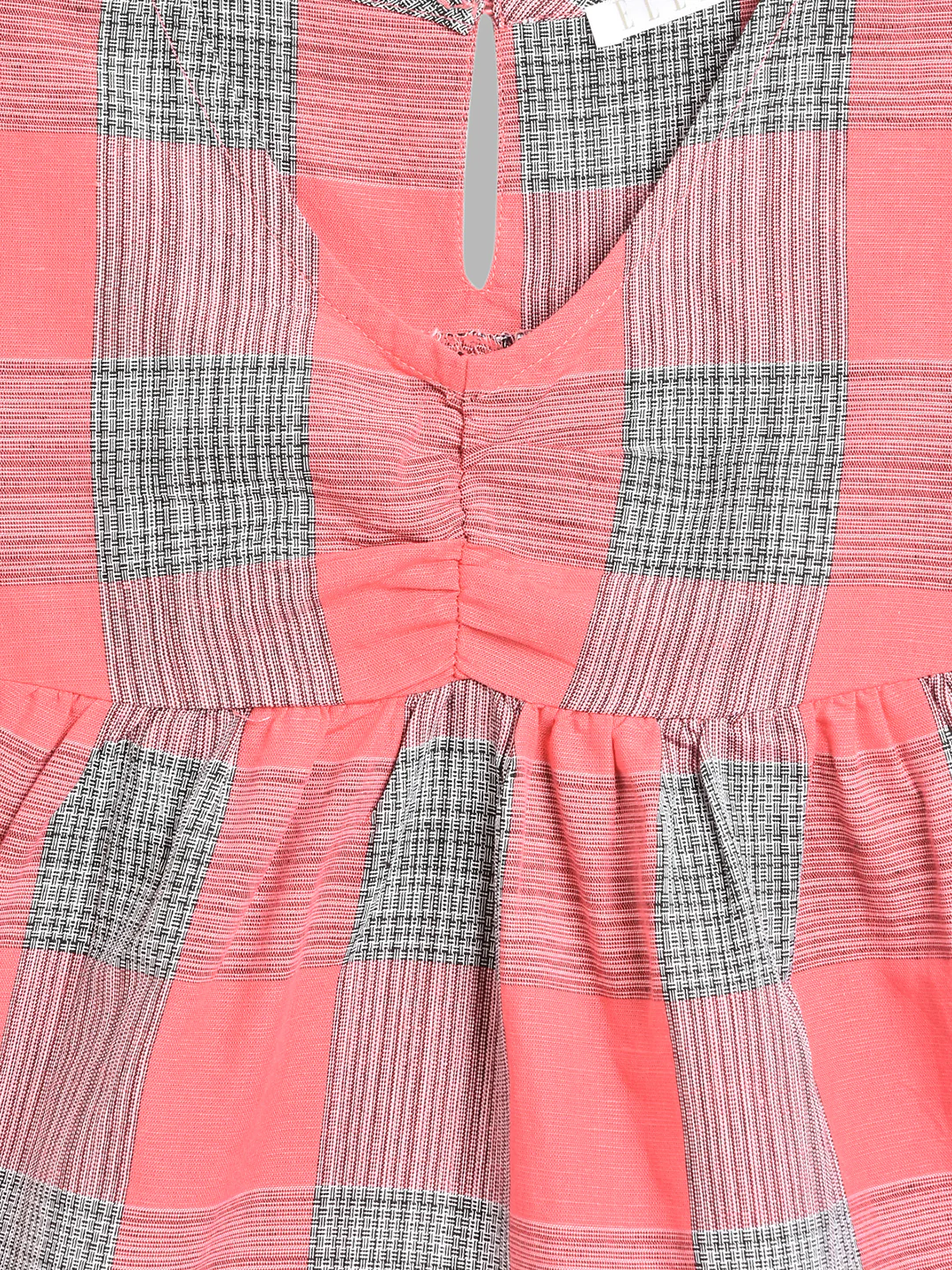 Elle Kids Girls Coral- Black Checked Round Neck Top - Image 3