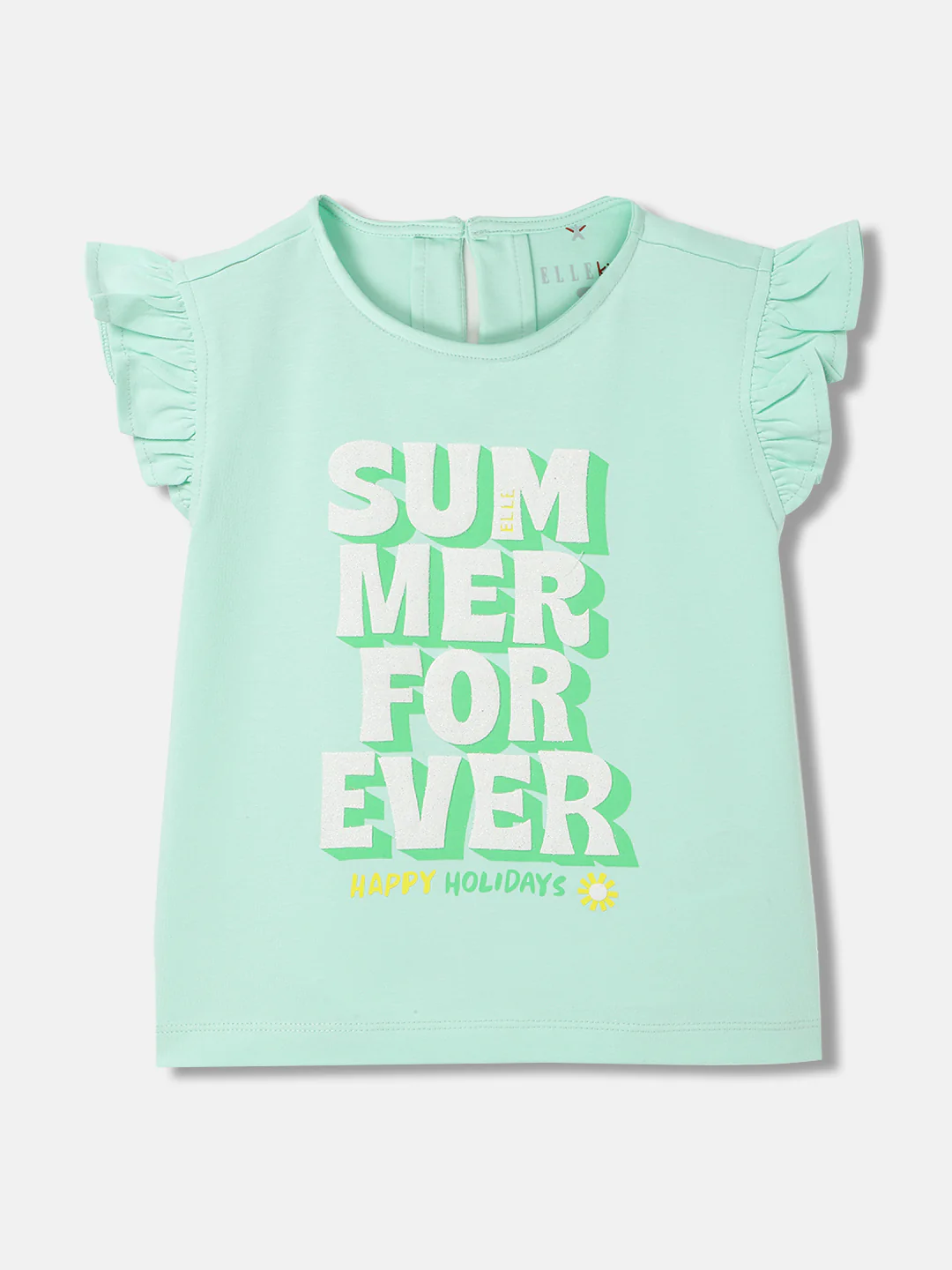 Elle Kids Girls Green Solid Round Neck Short Sleeves Top