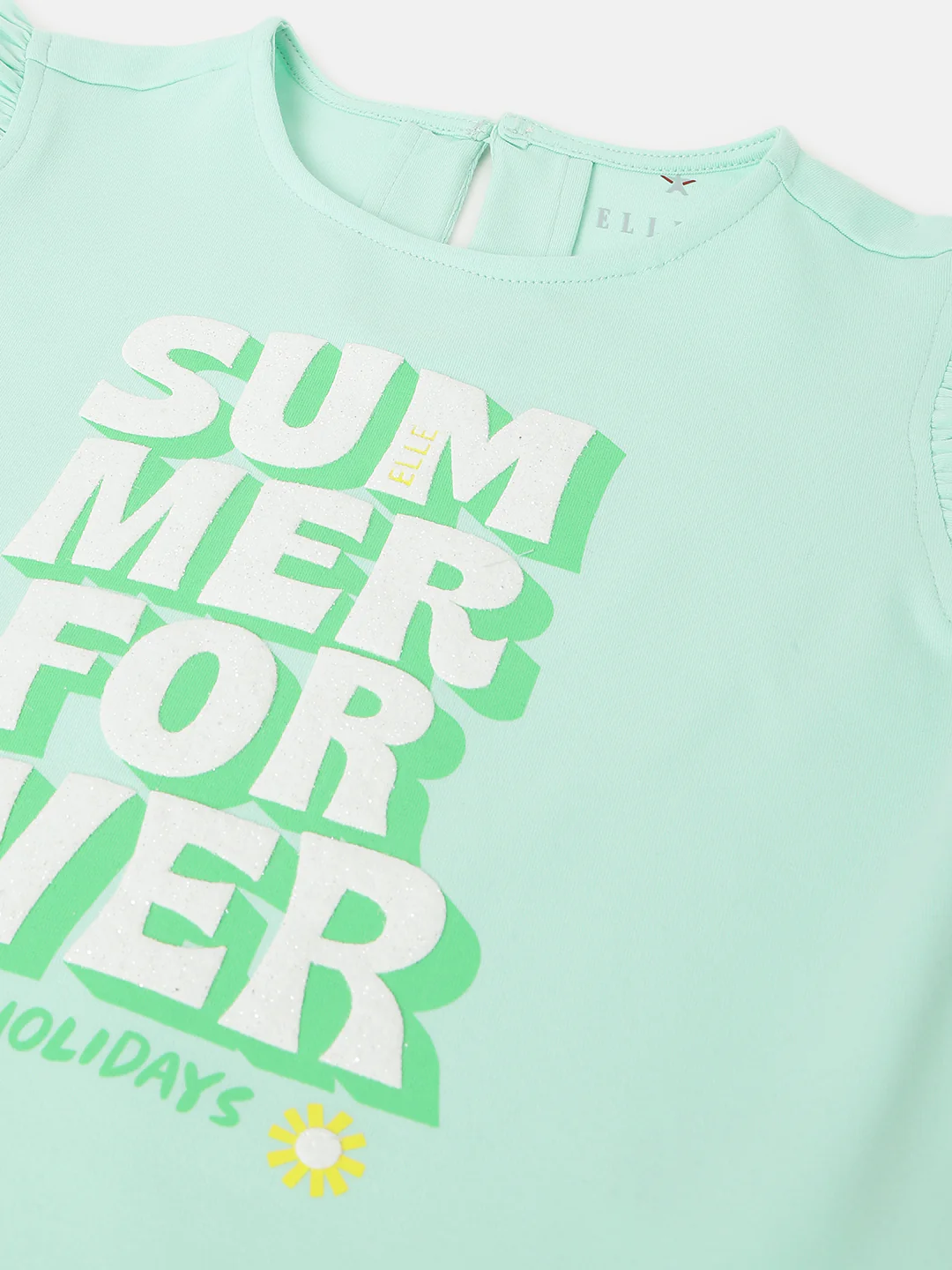 Elle Kids Girls Green Solid Round Neck Short Sleeves Top - Image 3