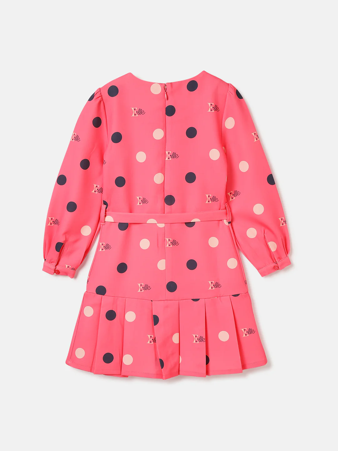 Elle Girls Dark Pink Polka Print Round Neck Full Sleeves Pleated A-Line Dress - Image 2