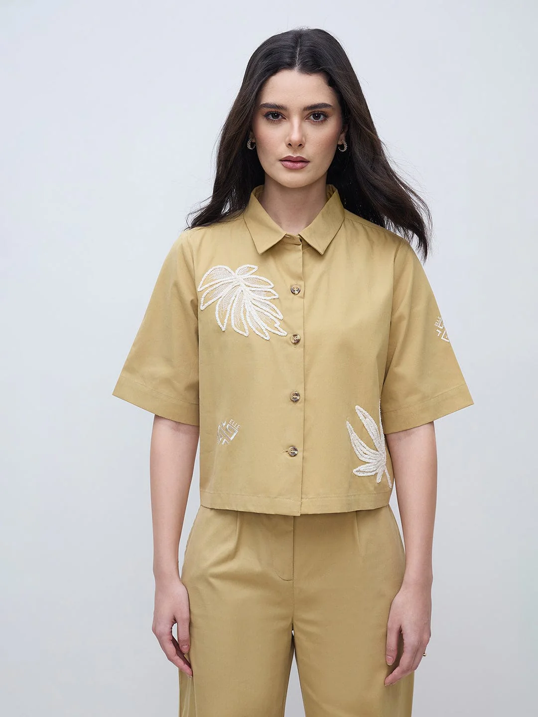 Elle Women Beige Printed Pure Cotton Collared Boxy Fit Top - Image 2