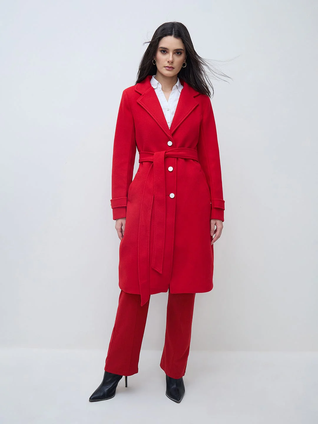 Elle Women Red Solid Lapel Collar Overcoat - Image 3
