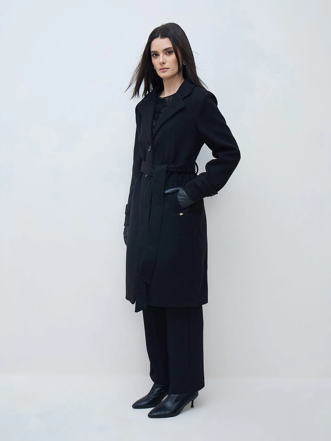 Elle Women Black Solid Lapel Collar Overcoat - Image 2