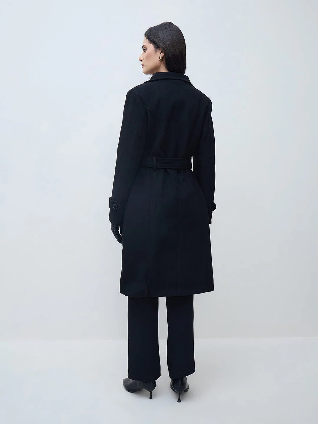 Elle Women Black Solid Lapel Collar Overcoat - Image 4