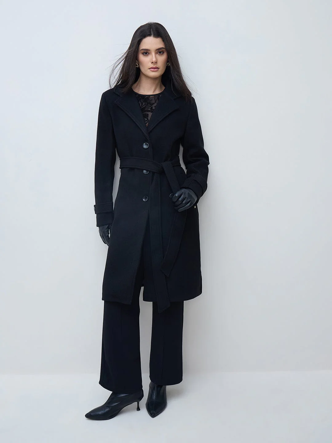 Elle Women Black Solid Lapel Collar Overcoat - Image 5