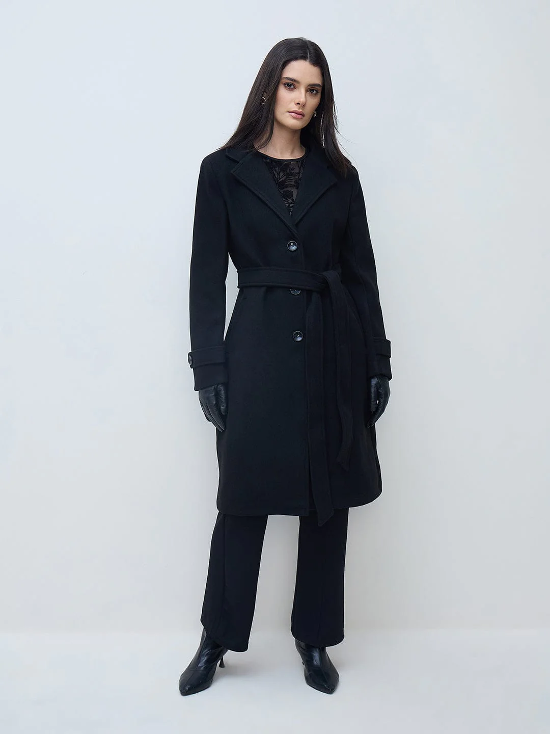 Elle Women Black Solid Lapel Collar Overcoat - Image 6