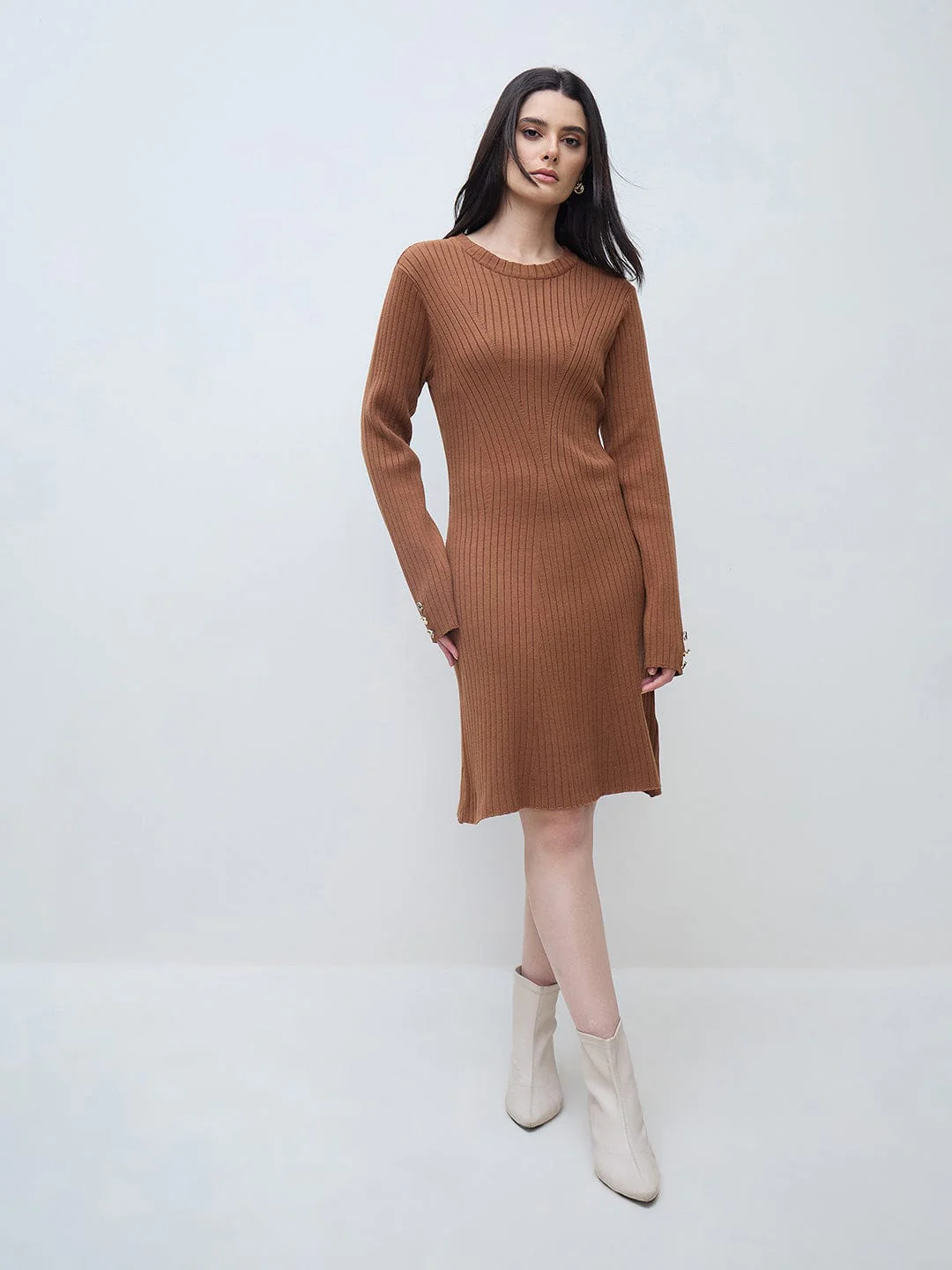 Elle Women Brown Solid Round Neck Fit & Flare Dress - Image 2