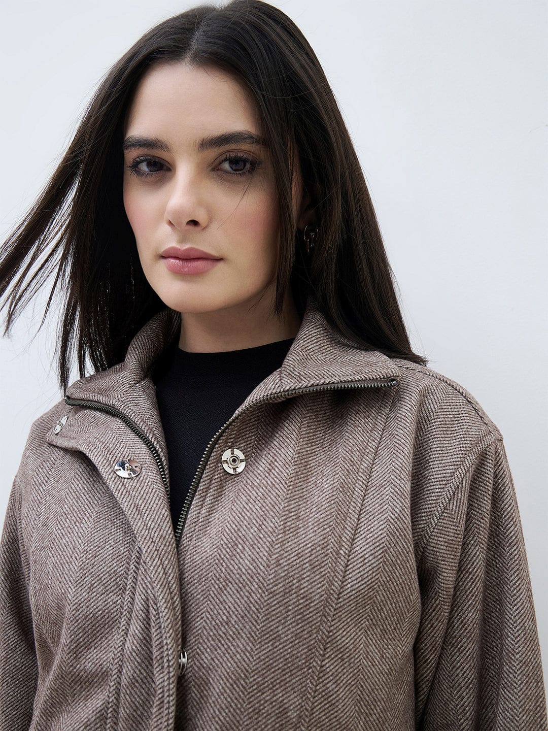 ELLE Women Brown Textured High Neck Oversize Bomber Jacket - Image 2