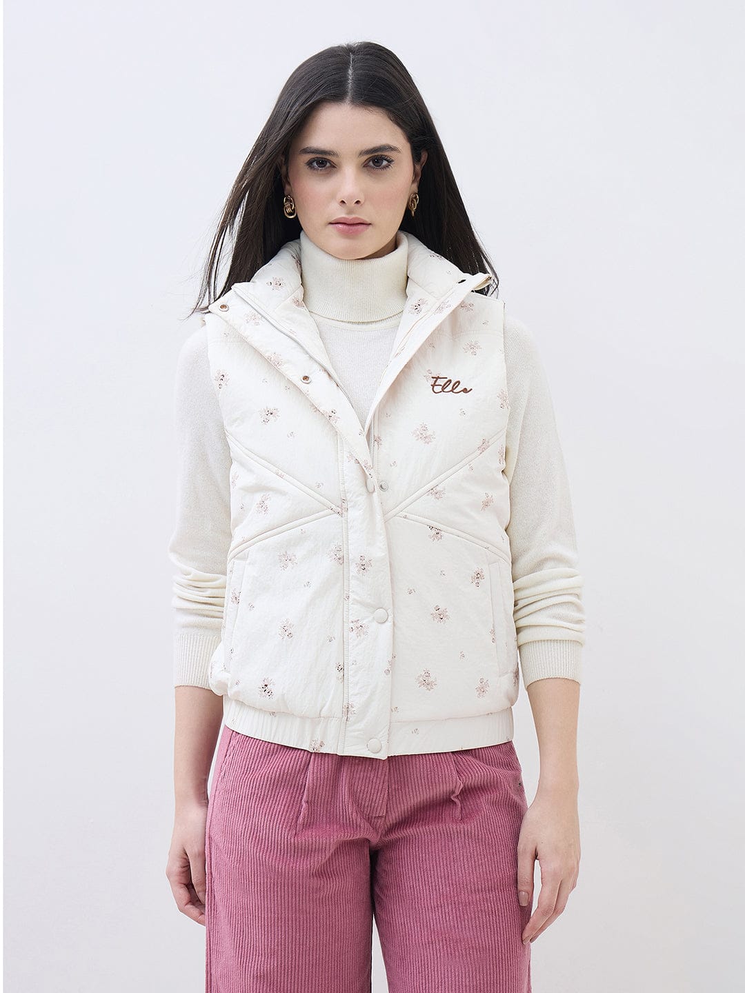 ELLE Women Cream Printed High Neck Regular Fit Jacket - Image 2