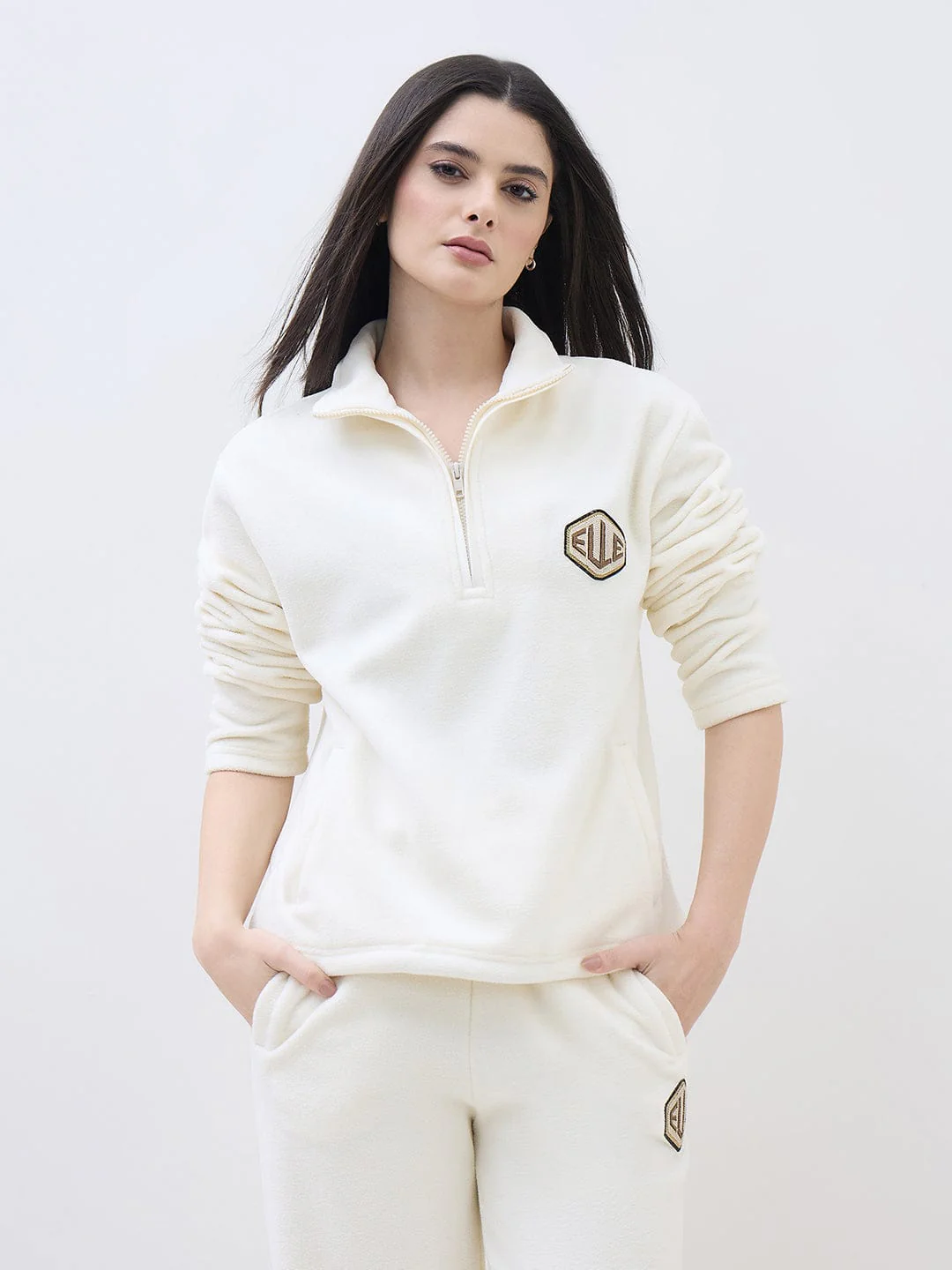 ELLE Women Off White Polo Collar Regular Fit Sweatshirt - Image 2
