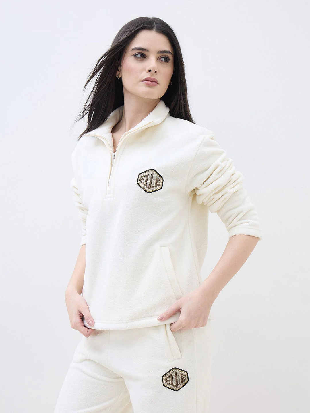 ELLE Women Off White Polo Collar Regular Fit Sweatshirt - Image 3