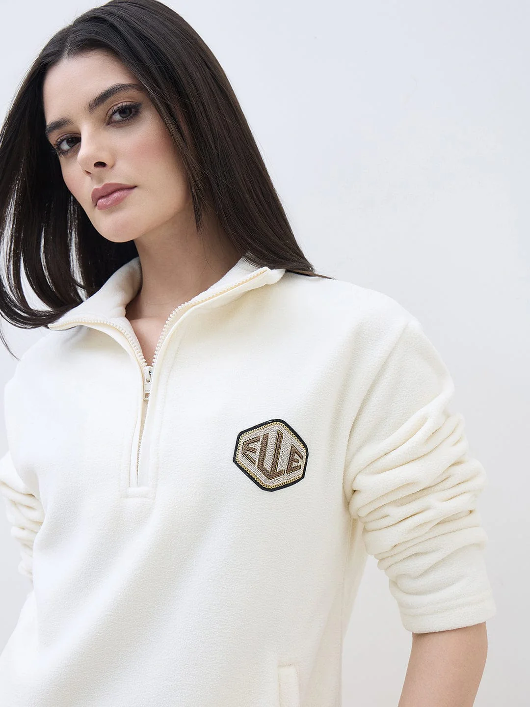 ELLE Women Off White Polo Collar Regular Fit Sweatshirt - Image 4