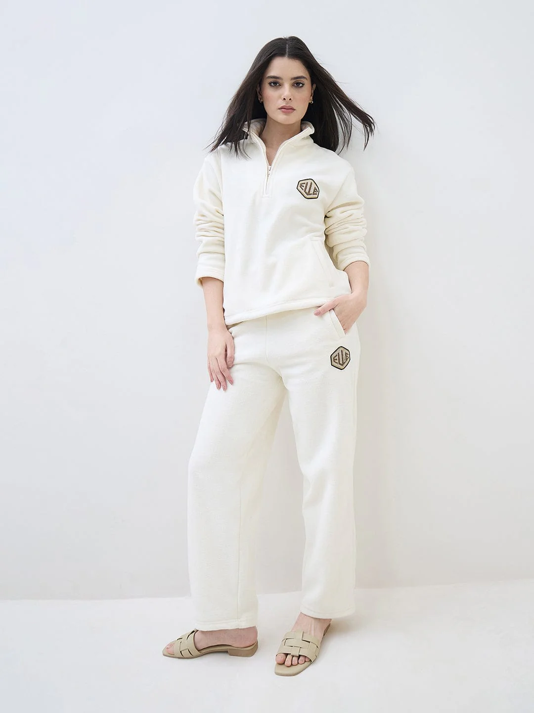 ELLE Women Off White Polo Collar Regular Fit Sweatshirt - Image 6