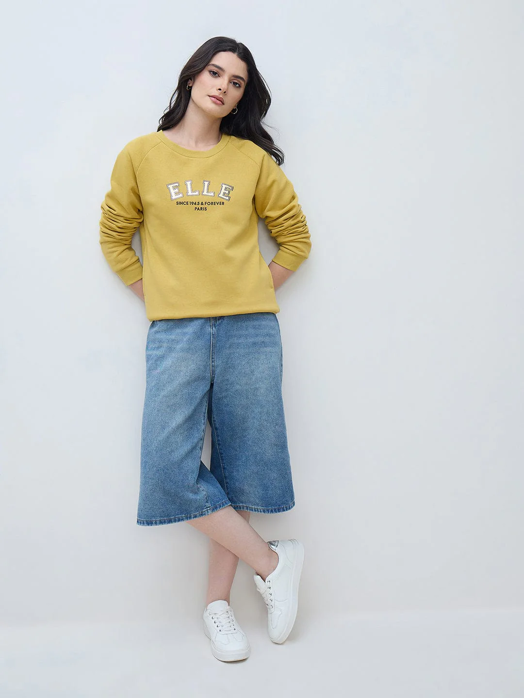 Elle Women Yellow Solid Round Neck Sweatshirt - Image 6