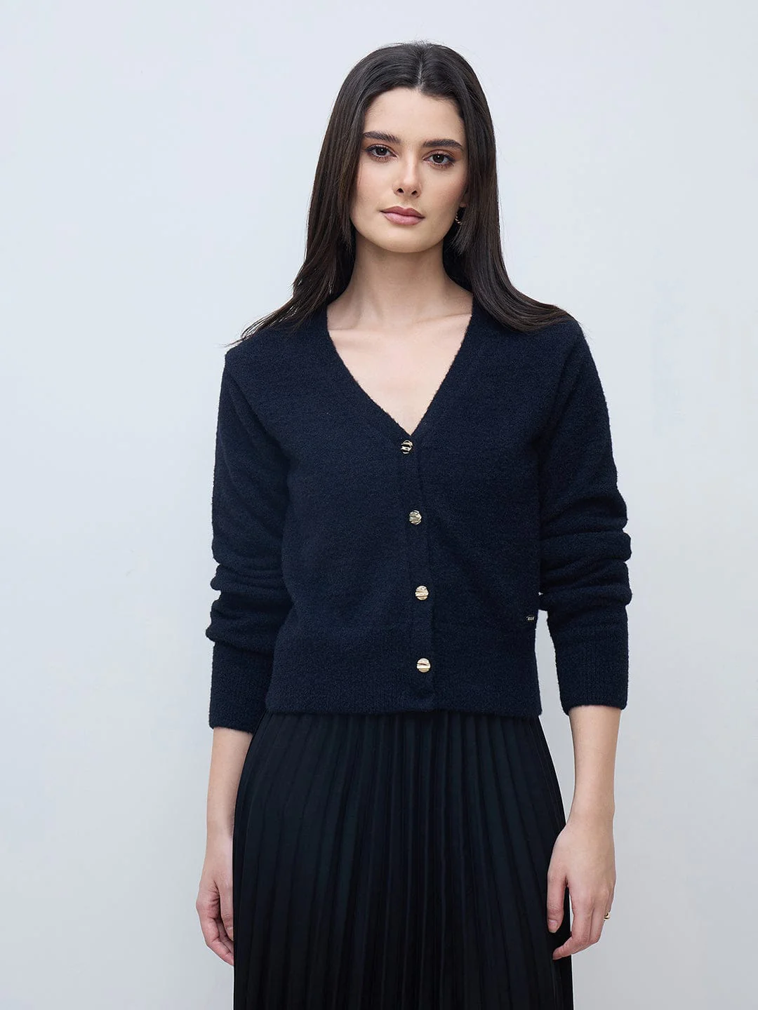 Elle Women Black Textured V Neck Sweater