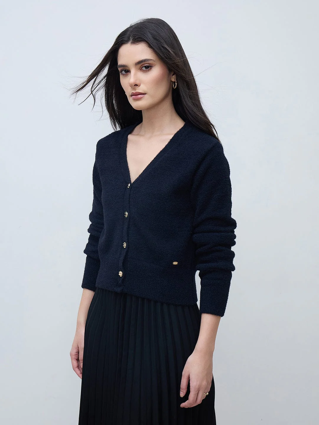 Elle Women Black Textured V Neck Sweater - Image 2