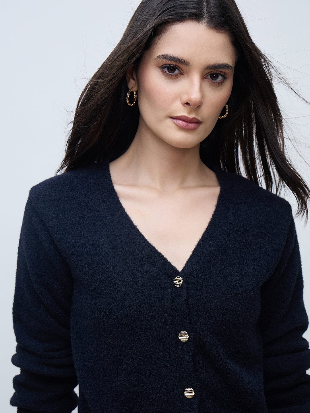 Elle Women Black Textured V Neck Sweater - Image 3