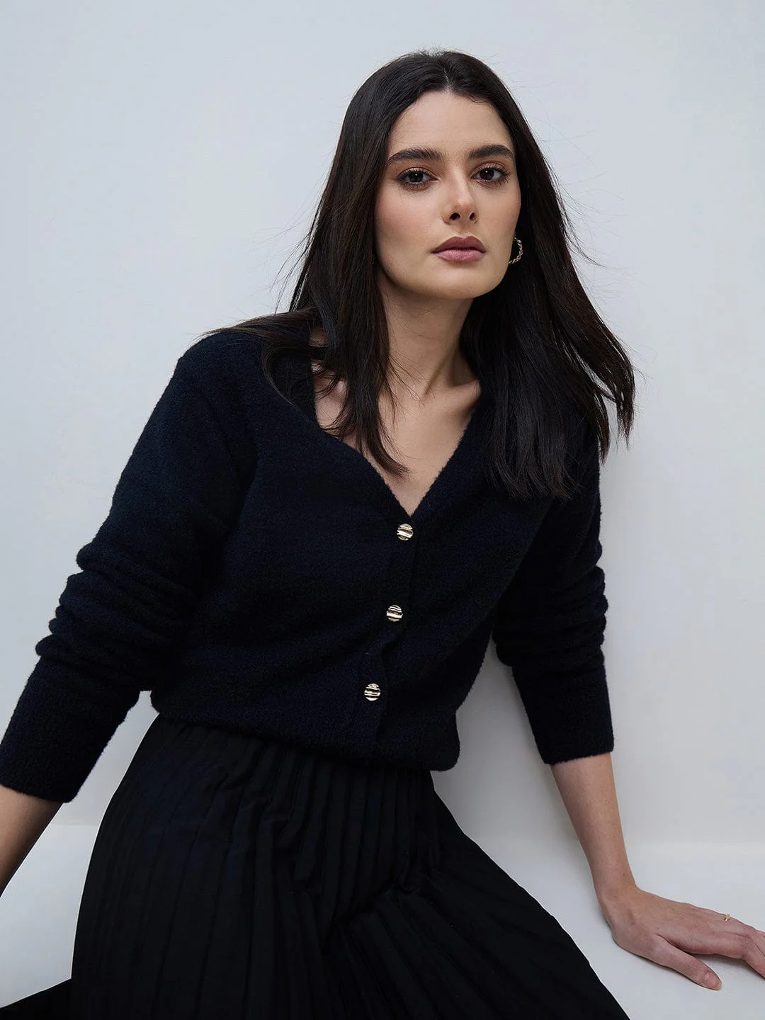 Elle Women Black Textured V Neck Sweater - Image 6