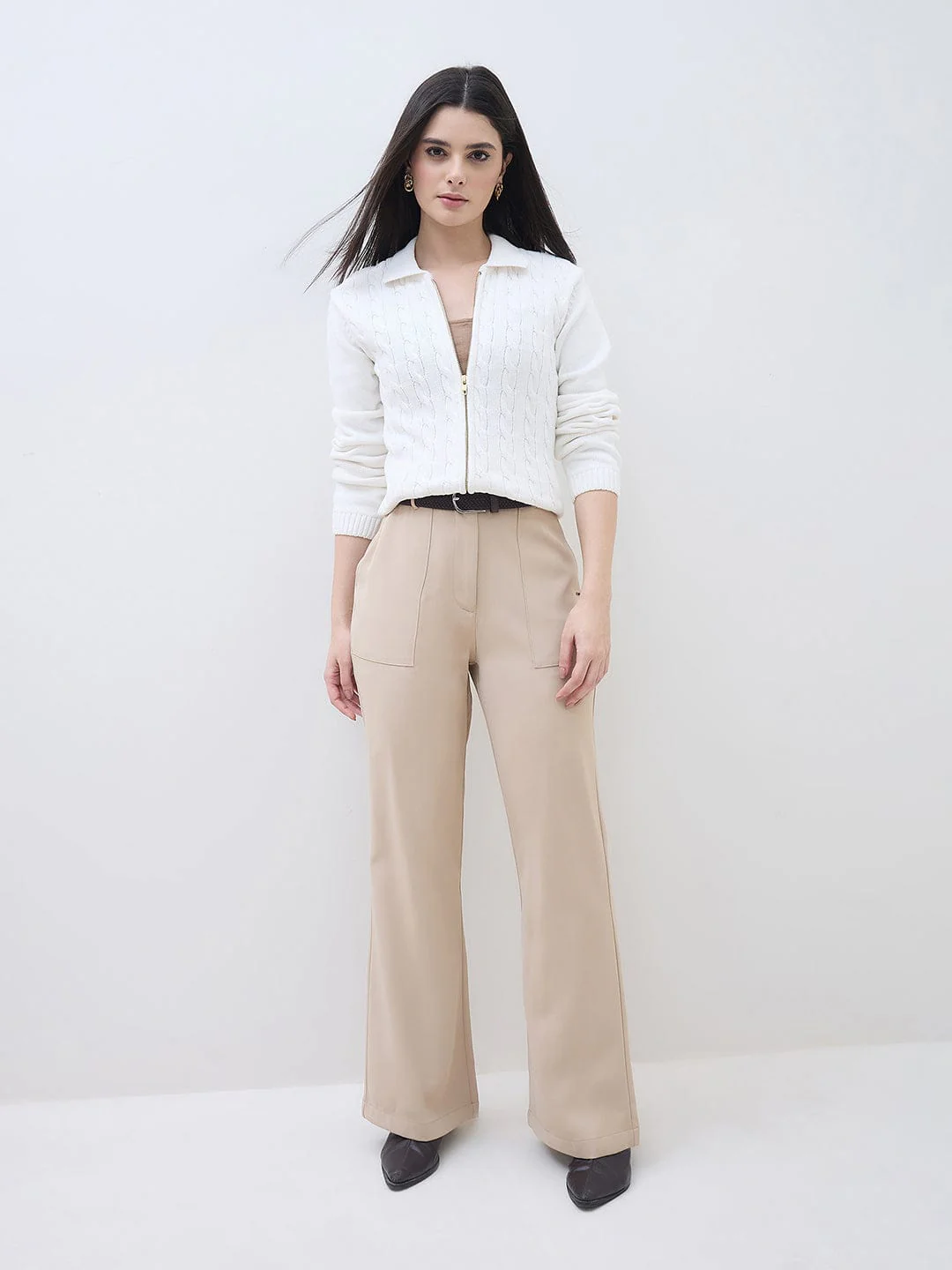 ELLE Women White Textured Polo Collar Regular Fit Sweater - Image 5