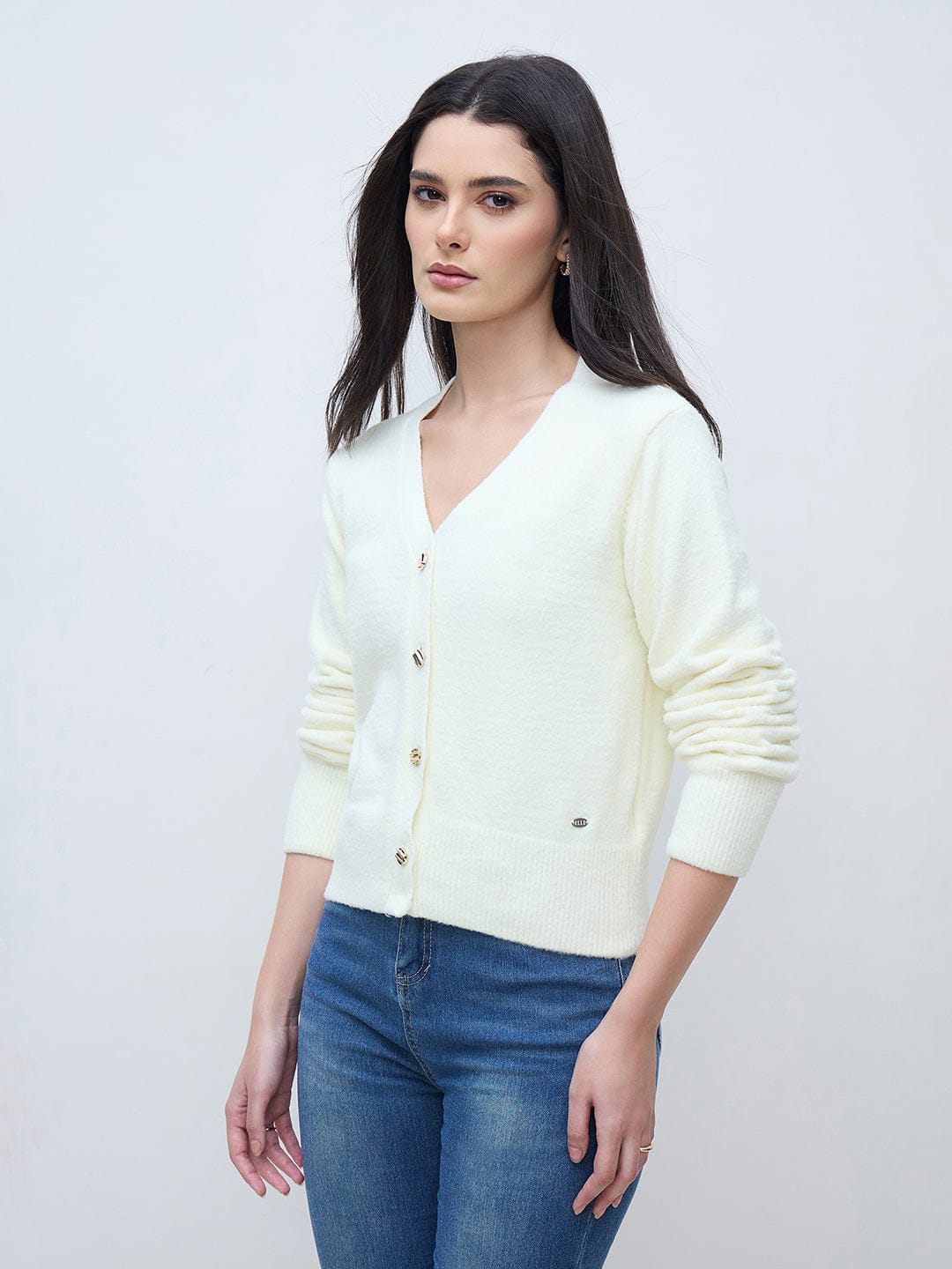 Elle Women Off White Textured V Neck Sweater - Image 2