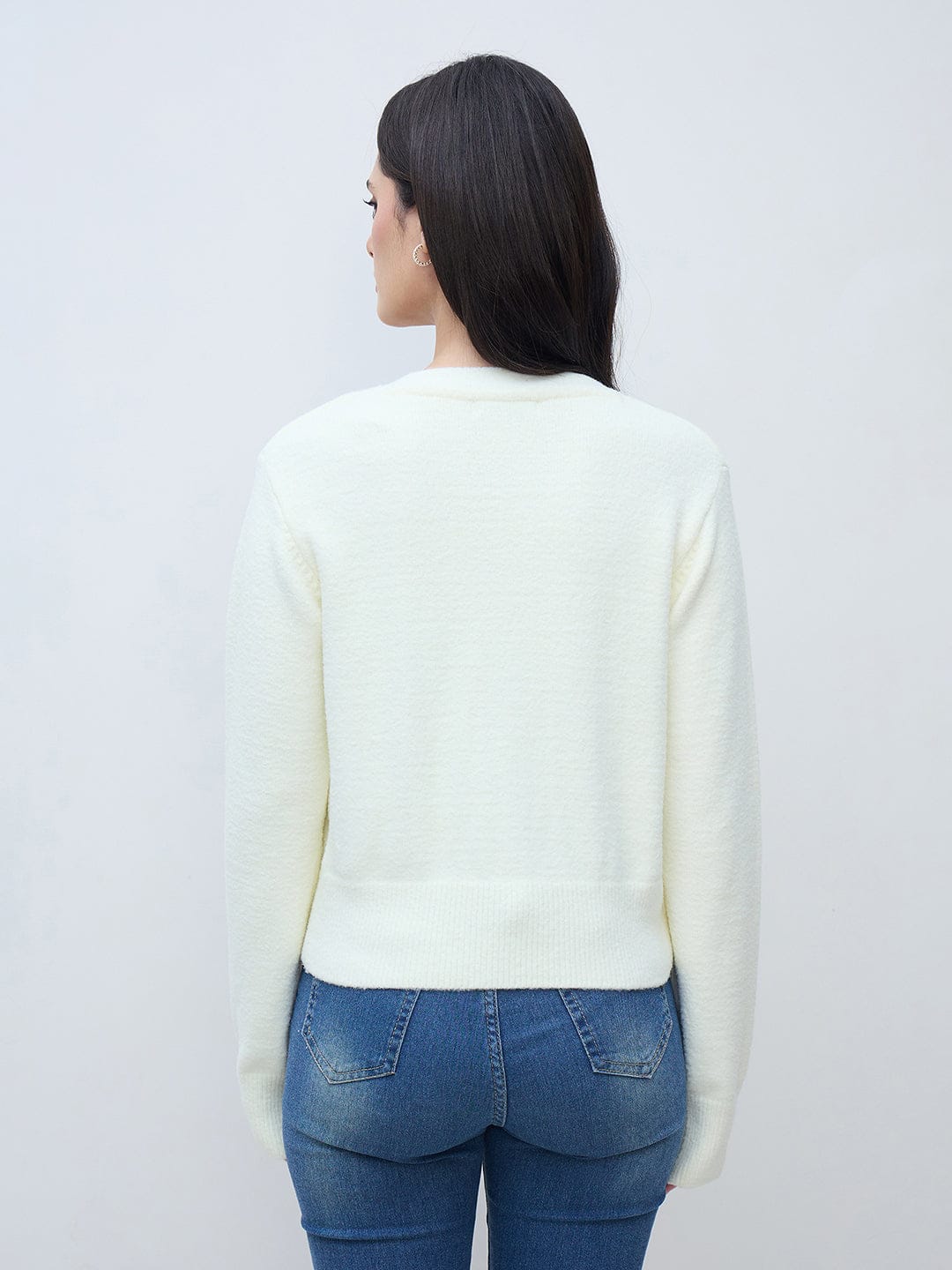 Elle Women Off White Textured V Neck Sweater - Image 4