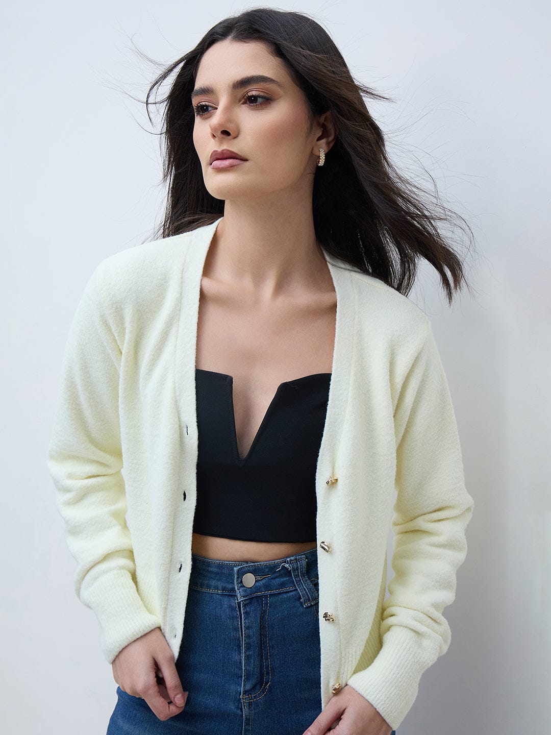 Elle Women Off White Textured V Neck Sweater - Image 6