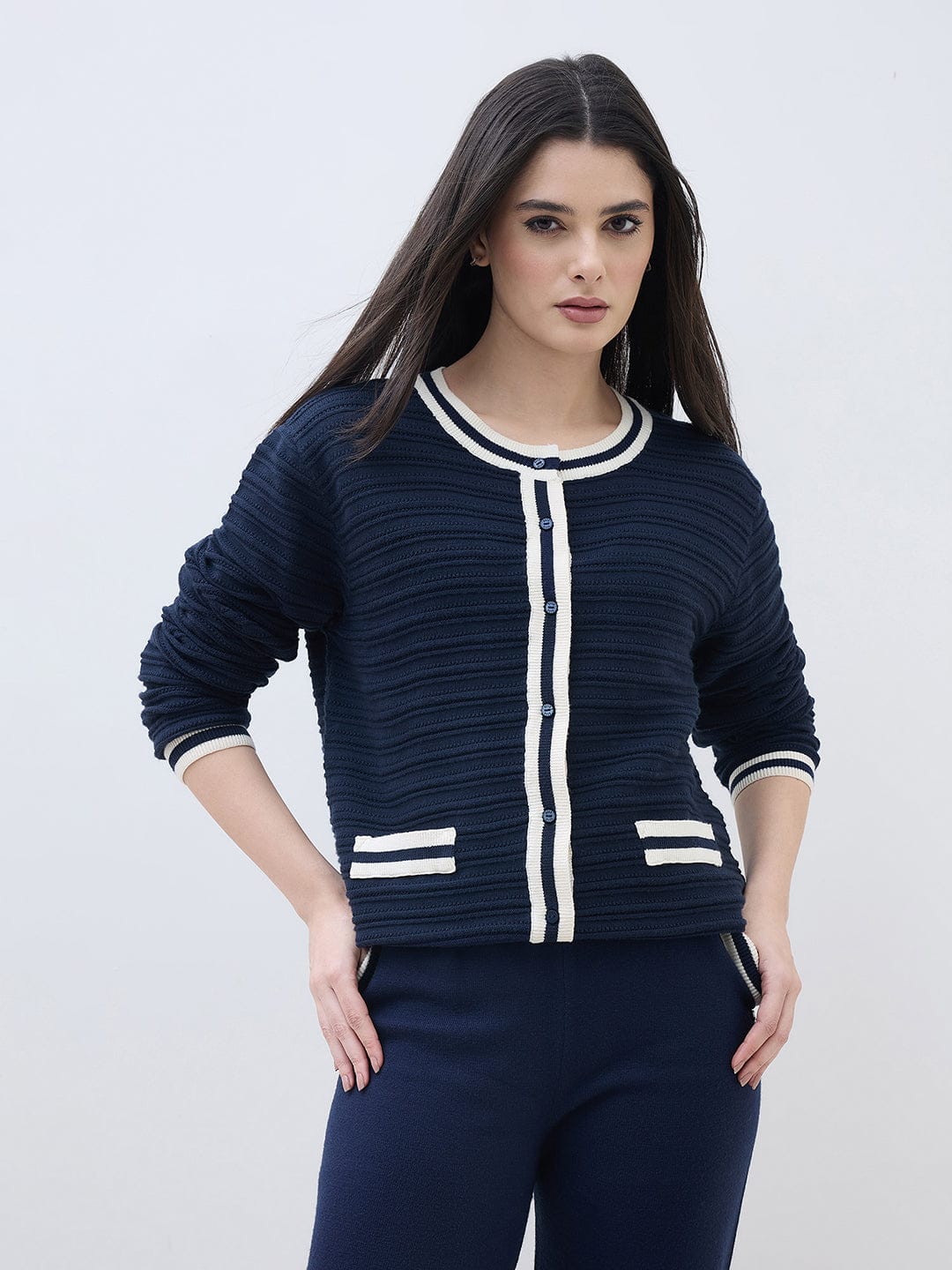 ELLE Women Navy Blue Textured Round Neck Regular Fit Sweater - Image 2