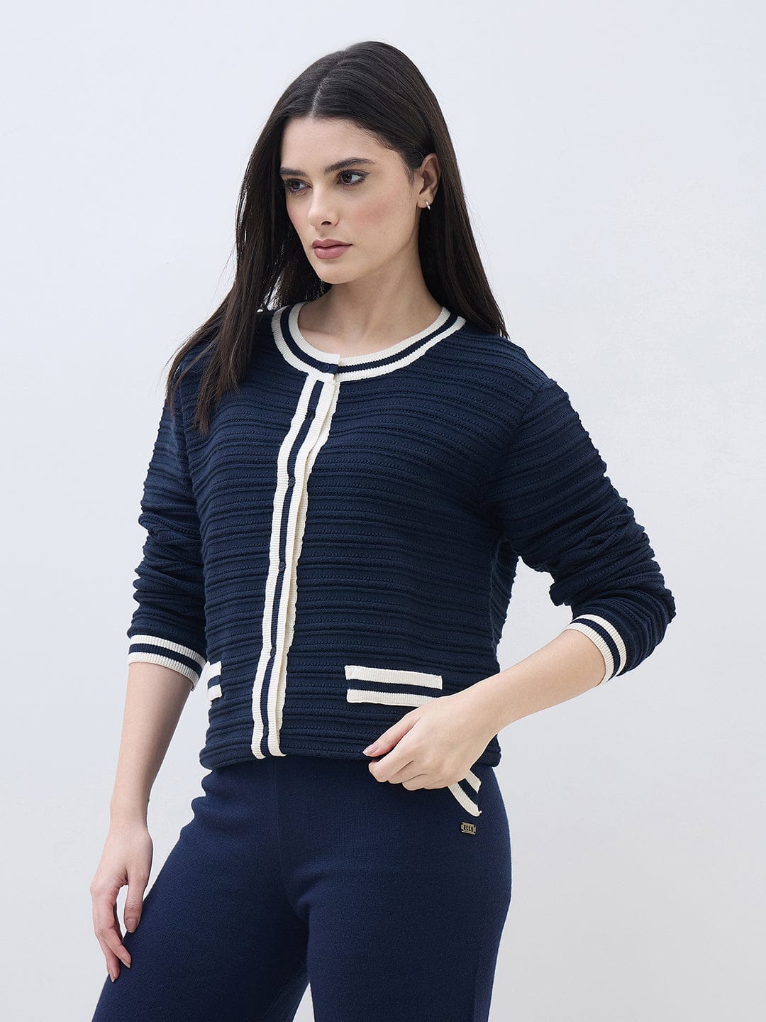 ELLE Women Navy Blue Textured Round Neck Regular Fit Sweater - Image 3