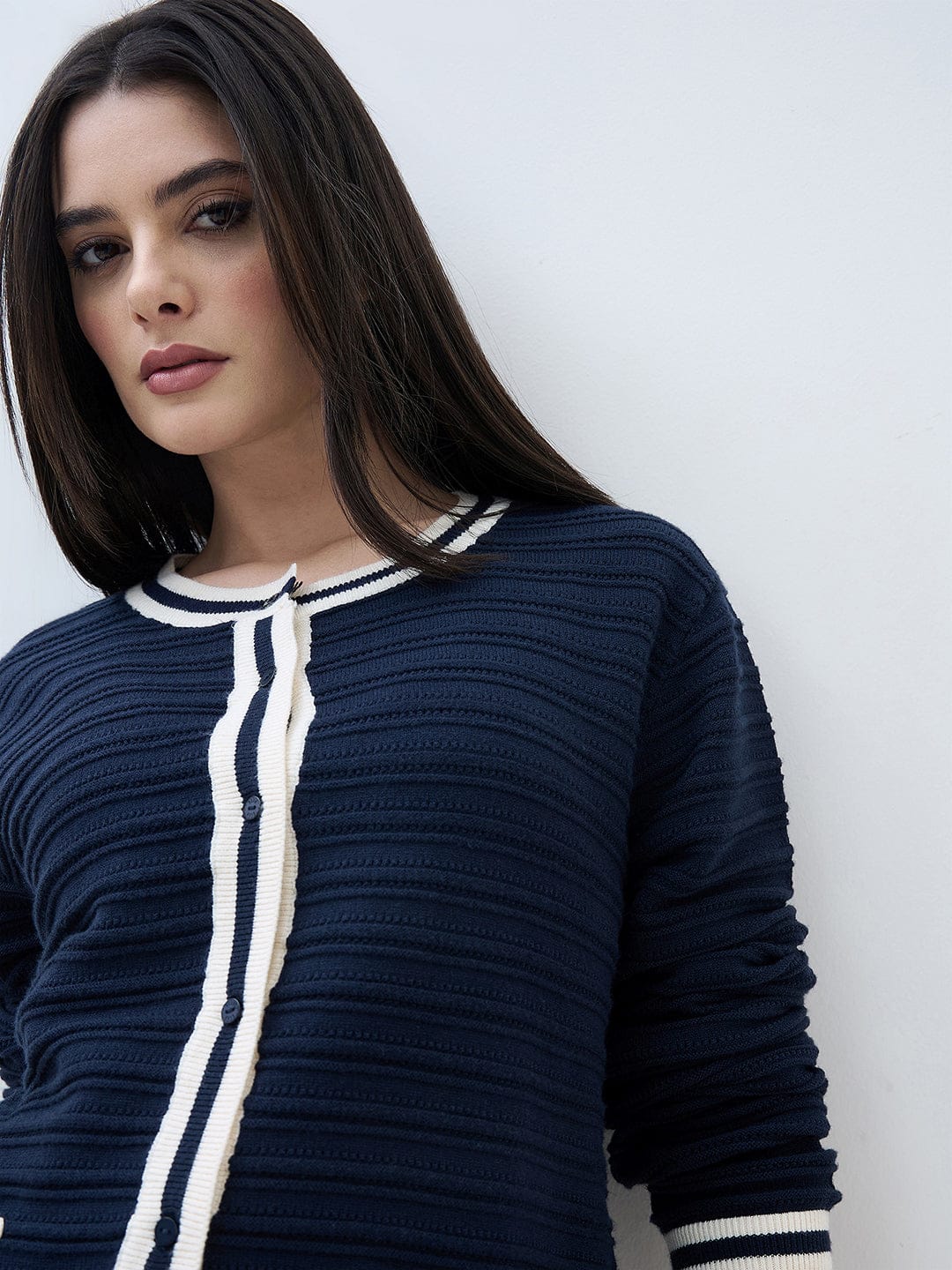 ELLE Women Navy Blue Textured Round Neck Regular Fit Sweater - Image 4