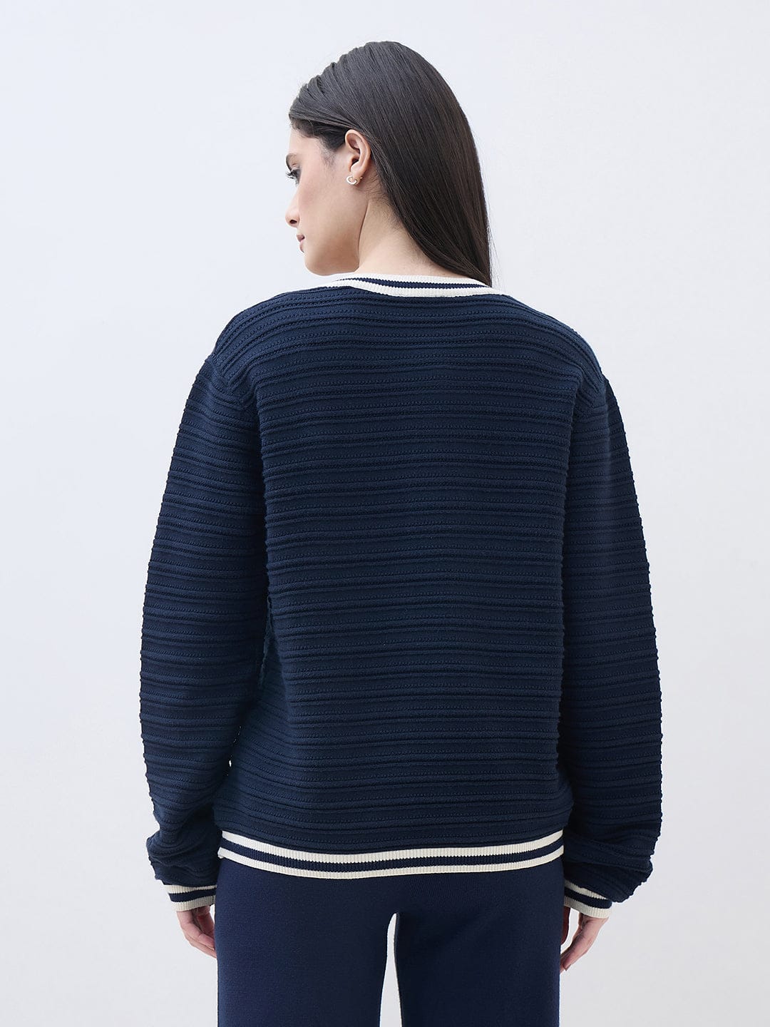 ELLE Women Navy Blue Textured Round Neck Regular Fit Sweater - Image 5