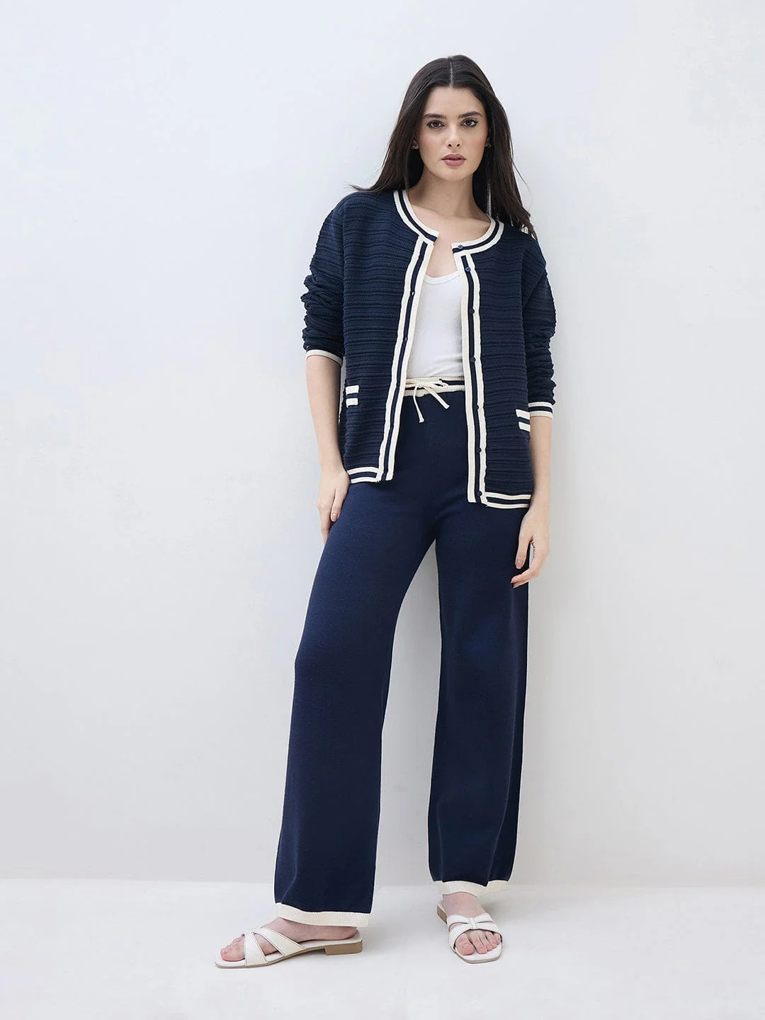 ELLE Women Navy Blue Textured Round Neck Regular Fit Sweater - Image 6