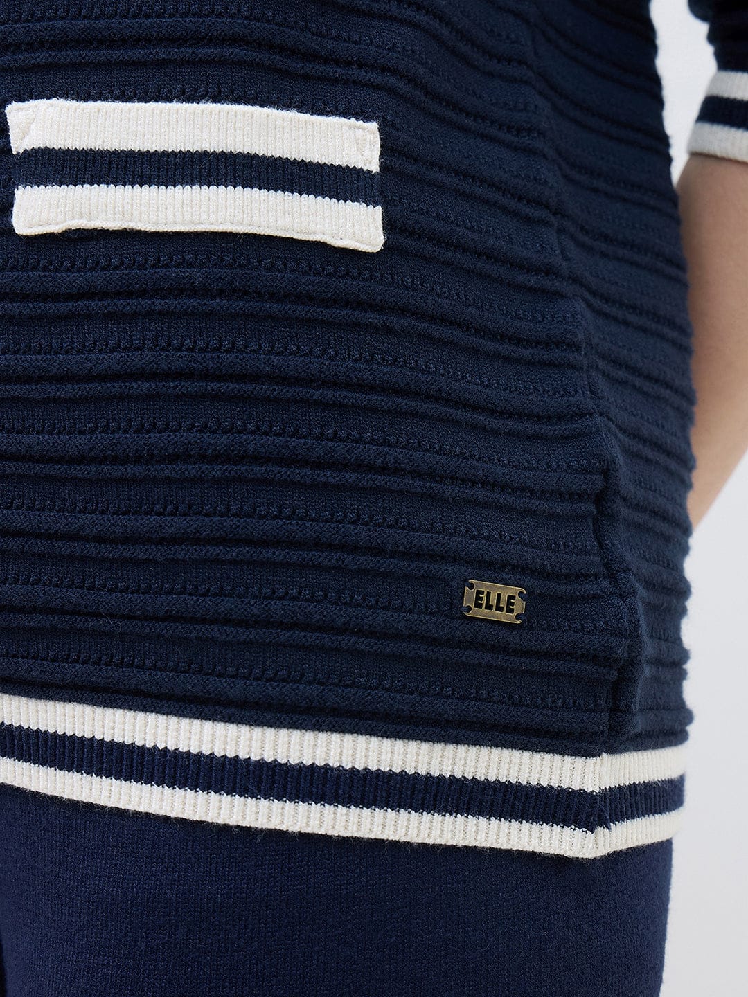ELLE Women Navy Blue Textured Round Neck Regular Fit Sweater - Image 7