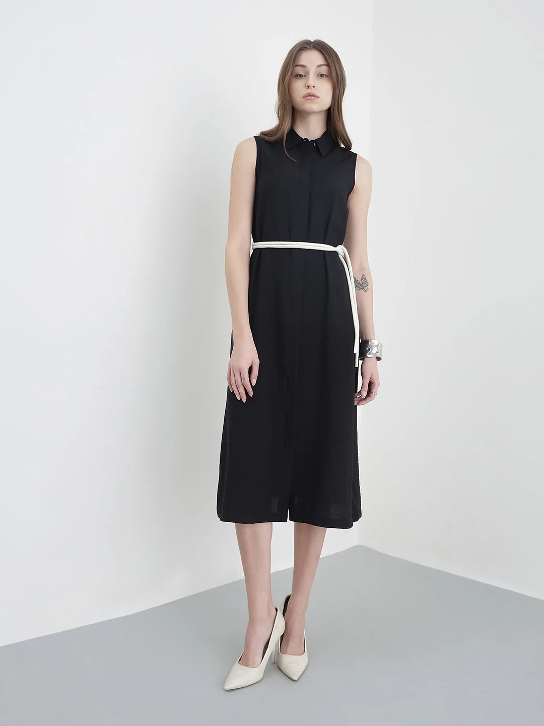 Elle Women Black Solid Relaxed Fit Pure Cotton Dress - Image 2
