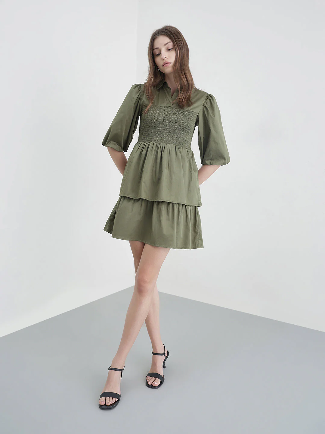 Elle Women Green Solid Fit & Flared Dress - Image 4