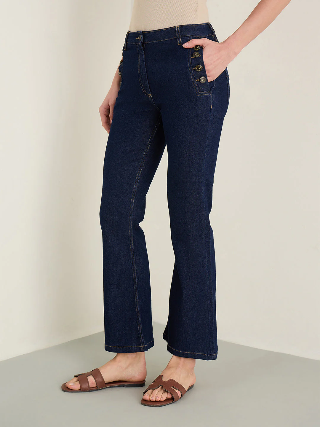 Elle Women Dark Blue Solid Bootcut Fit Jeans - Image 3
