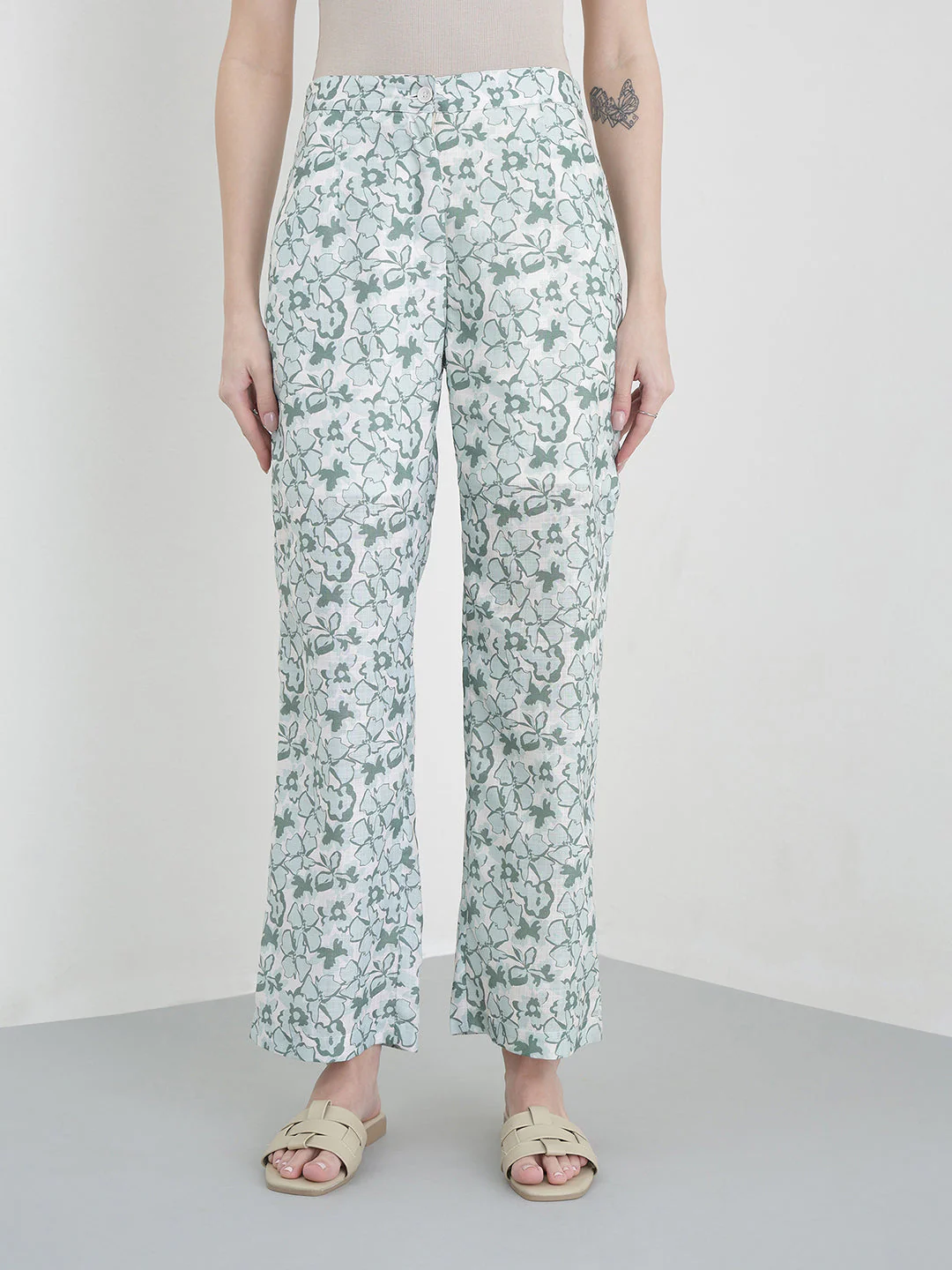 Elle Women Green Printed Relaxed Fit Trouser
