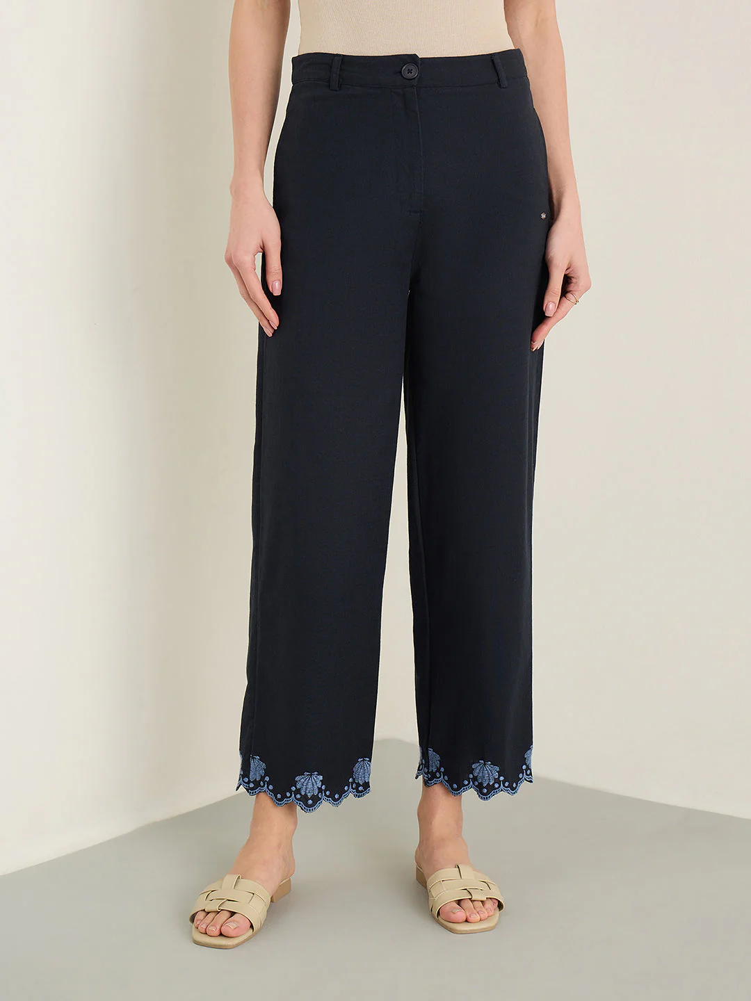 Elle Women Navy Blue Solid Regular Fit Pure Cotton Trouser