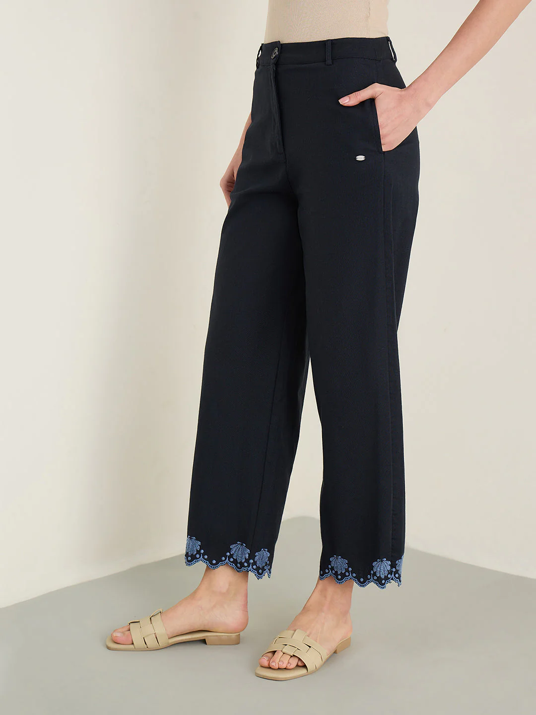 Elle Women Navy Blue Solid Regular Fit Pure Cotton Trouser - Image 2