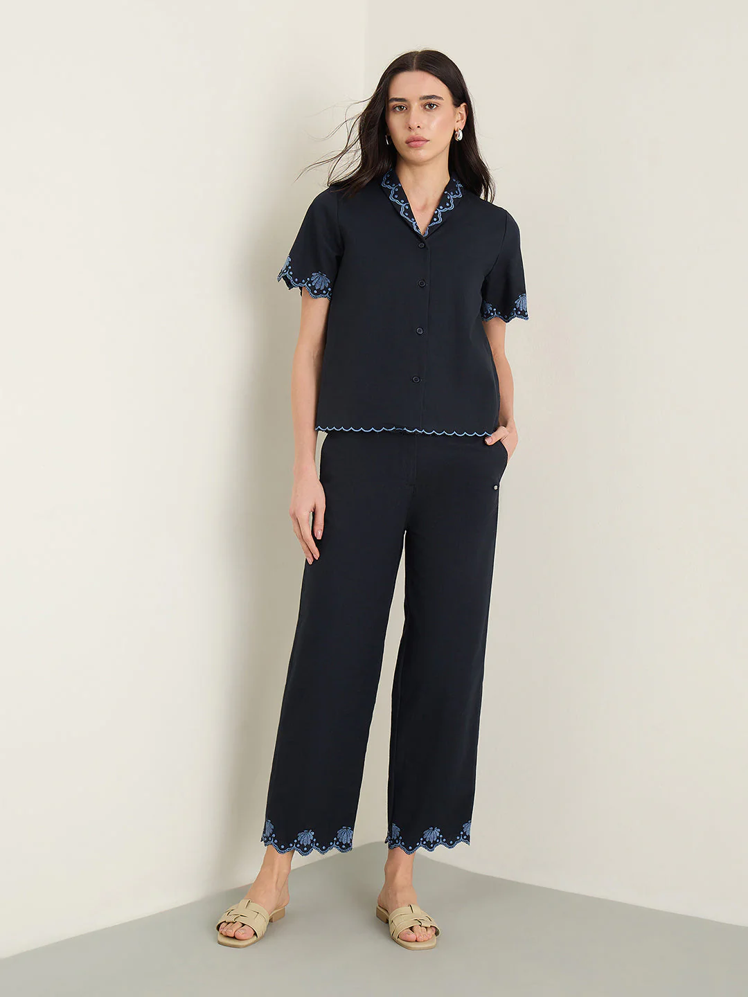 Elle Women Navy Blue Solid Regular Fit Pure Cotton Trouser - Image 4