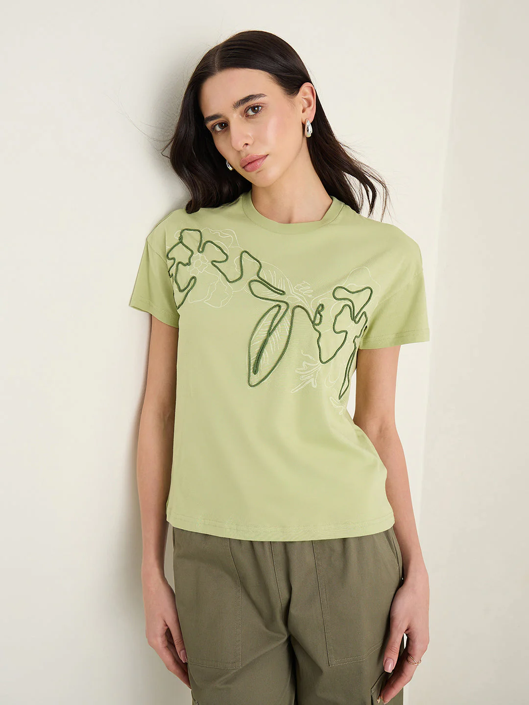 Elle Women Olive Green Printed Boxy Fit Pure Cotton T-Shirt