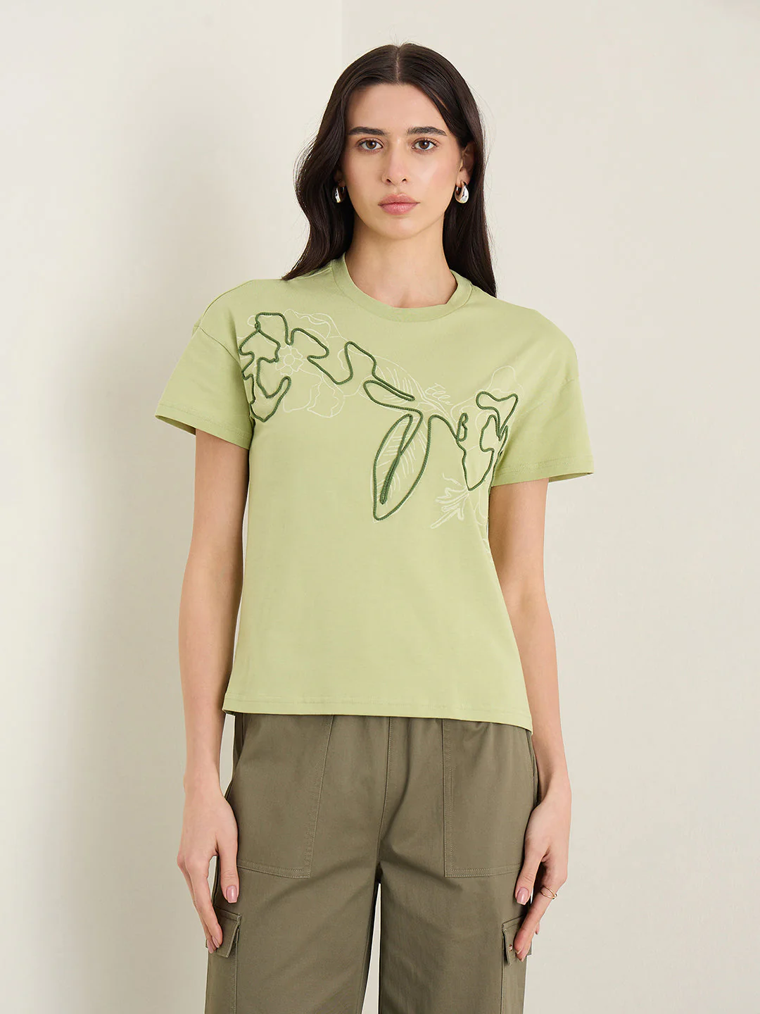 Elle Women Olive Green Printed Boxy Fit Pure Cotton T-Shirt - Image 2