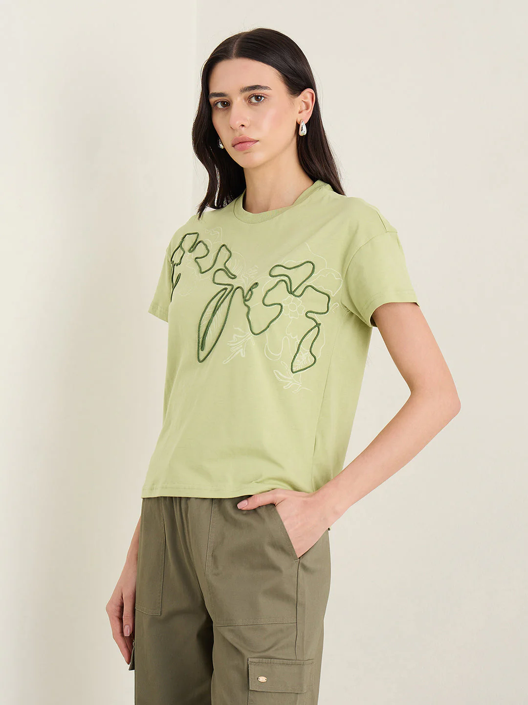 Elle Women Olive Green Printed Boxy Fit Pure Cotton T-Shirt - Image 4
