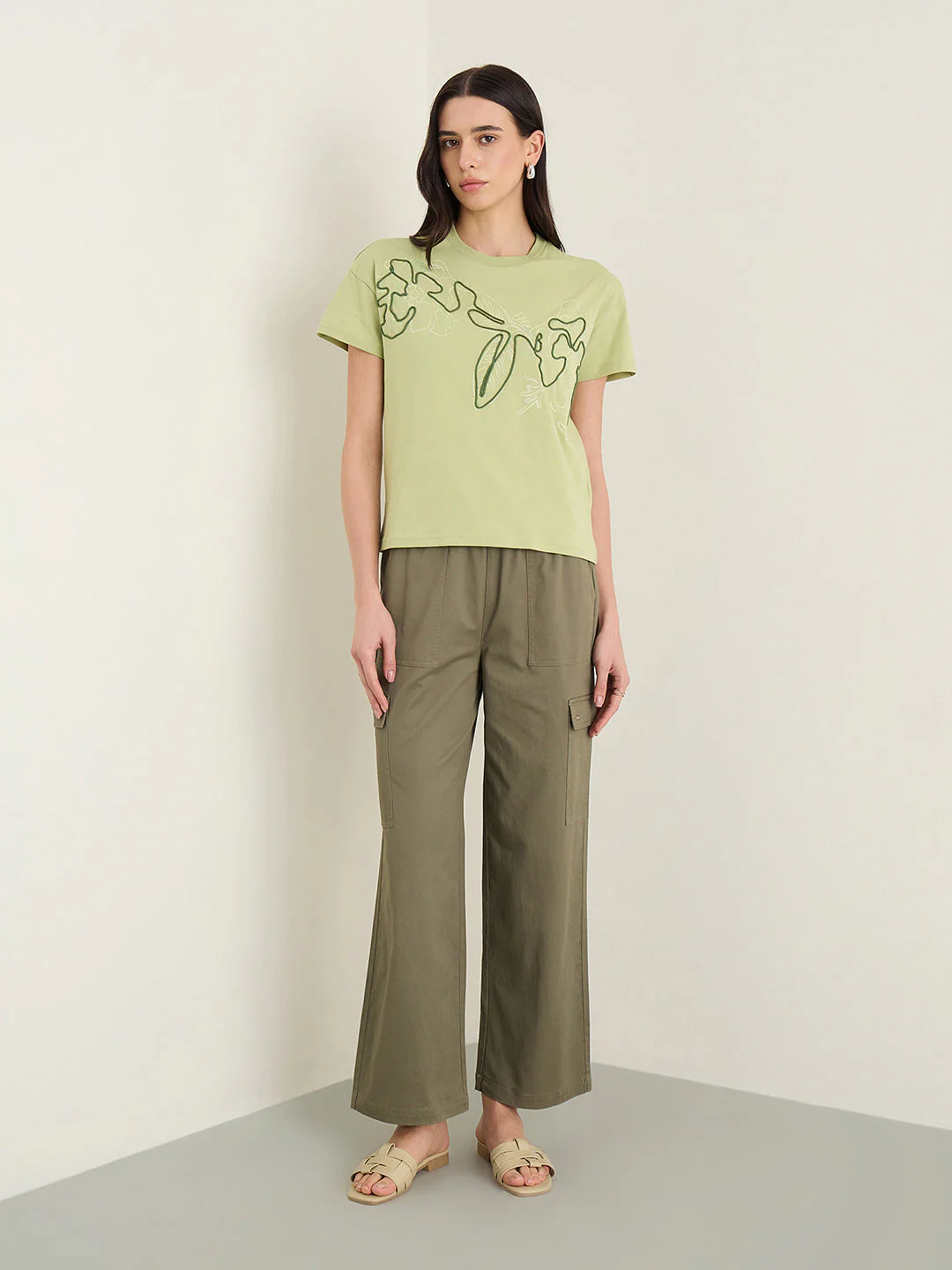 Elle Women Olive Green Printed Boxy Fit Pure Cotton T-Shirt - Image 5