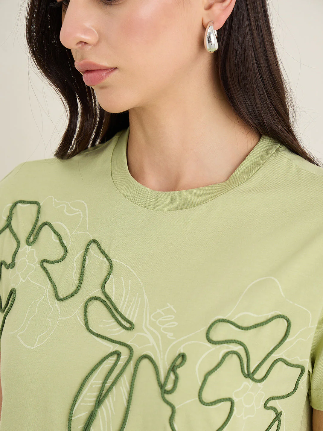 Elle Women Olive Green Printed Boxy Fit Pure Cotton T-Shirt - Image 6