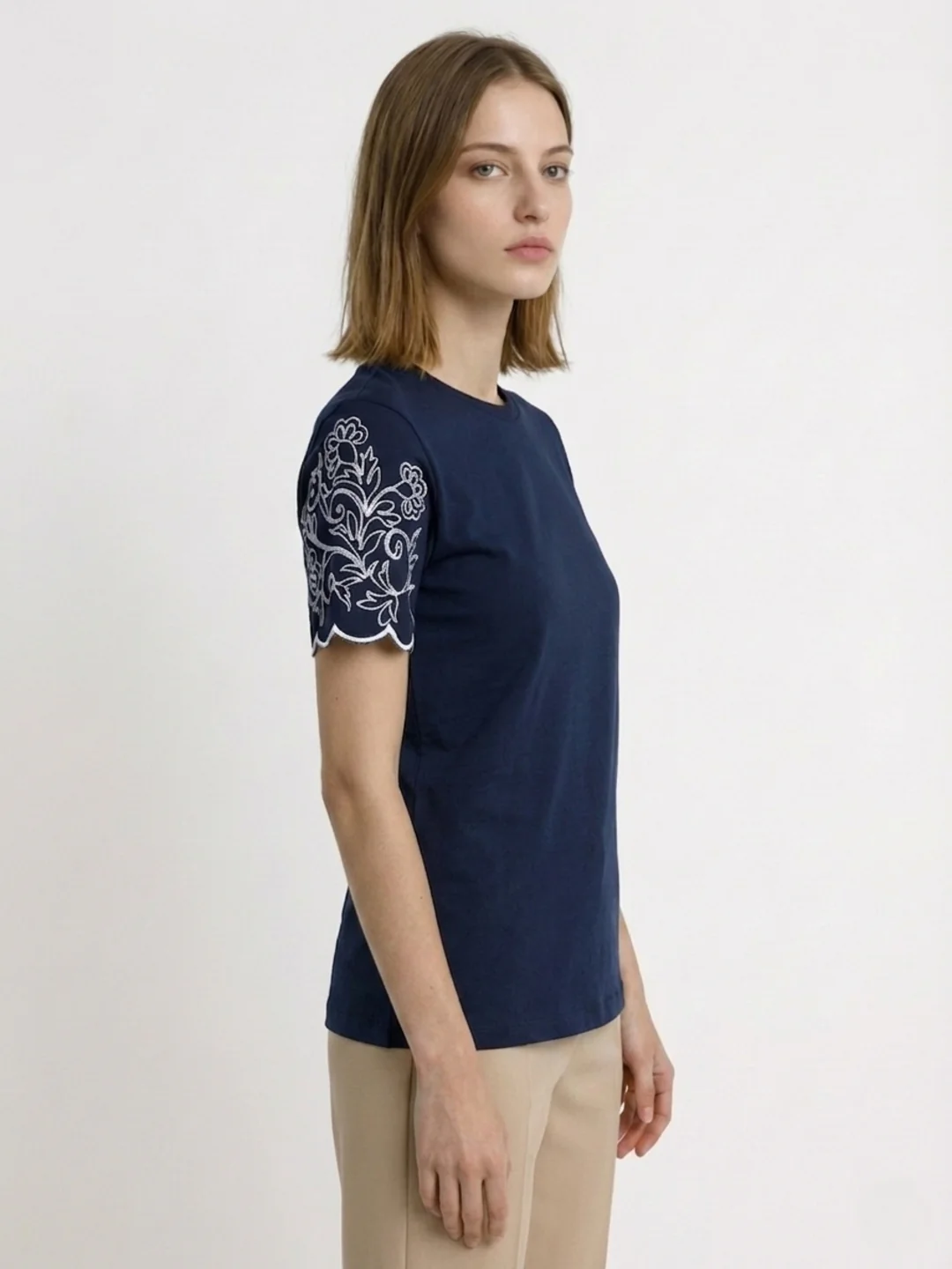 Elle Women Blue Solid Regular Fit Pure Cotton T-Shirt - Image 4