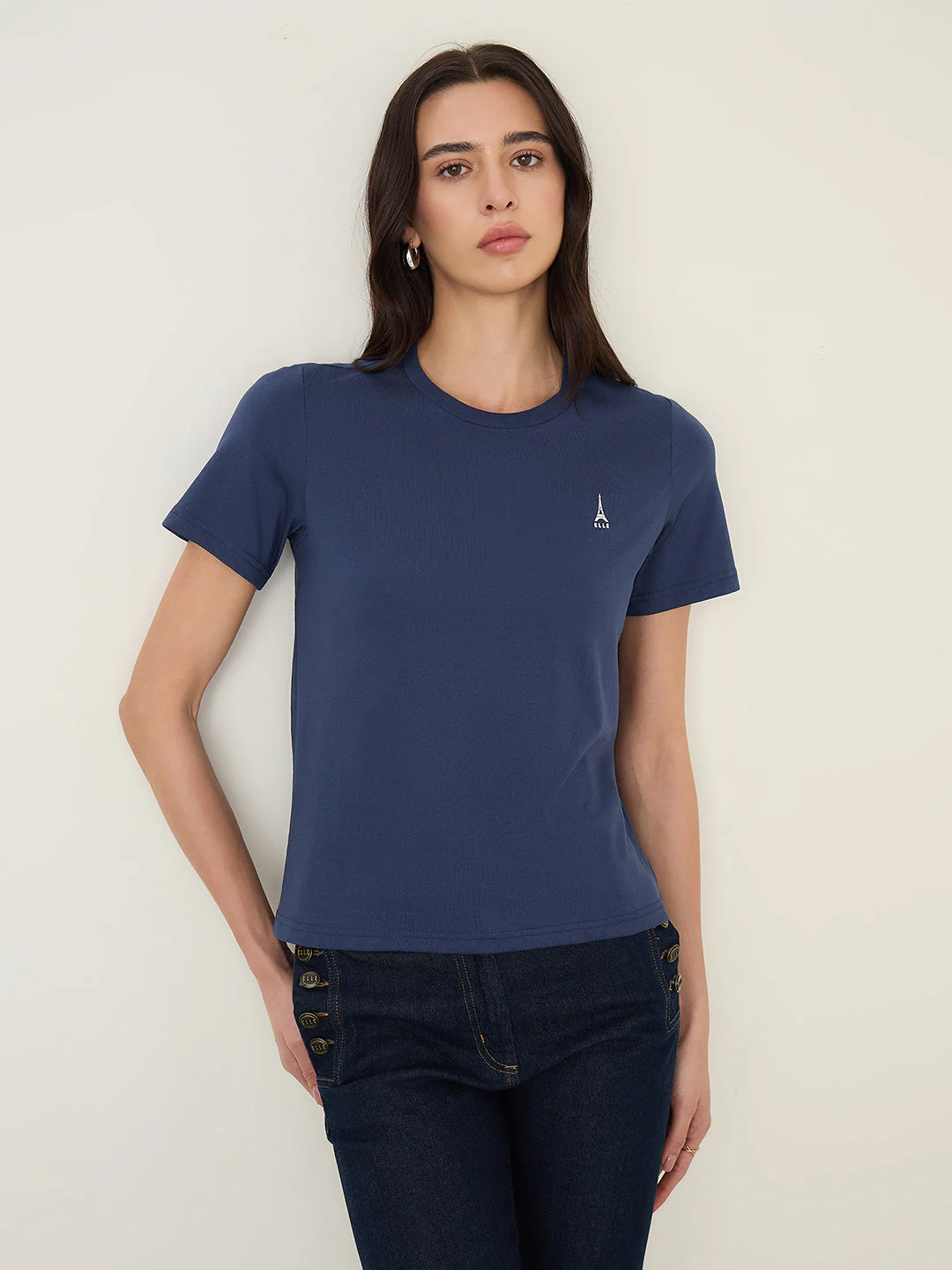 Elle Women Navy Blue Solid Regular Fit Pure Cotton T-Shirt